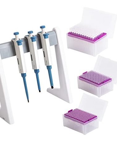 Huwazine Micropipette kit, 0.5-10ul 10-100ul 100-1000ul, Adjustable Single Channel Pipette, 3 Pieces, Pipette Stand, 3 Racks of sterile Pipette Tips (SC Pipettors-3pcs-Set A)