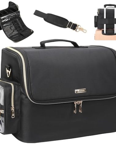 Extra Large Makeup Bag Professional Makeup Artist Bag Tattoo Case Cosmetic Train Case Travel Makeup Organizer Box with Adjustable Dividers (Black, Extra Large)