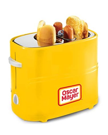 Oscar Mayer 2 Slot Hot Dog and Bun Toaster with Mini Tongs, Hot Dog Toaster Works with Chicken, Turkey, Veggie Links, Sausages and Brats, Yellow