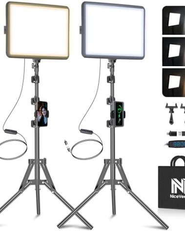 2-Pack LED Video Light Kit, NiceVeedi Studio Light, 2800-6500K Dimmable Photography Lighting Kit with Tripod Stand&Phone Holder, 73" Stream Light for Video Recording, Game Streaming, YouTube