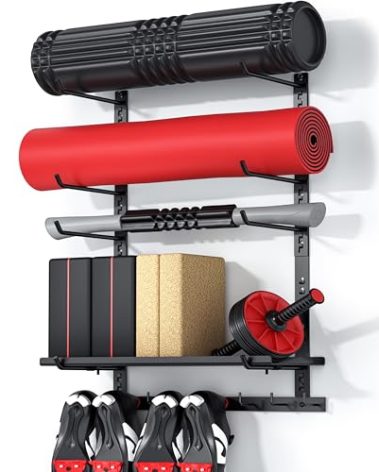 Home Gym Storage Shelf Only, Adjustable Gym Equipment Organizer Wall Mounted with 1 Board, Yoga Mat Holder, Storage Rack Compatible with Peloton Shoes & Mat, Shelf for Home Training Accessories