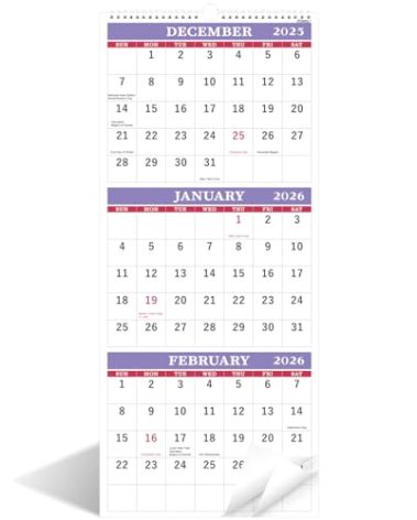2026 Wall Calendar - 3 Month Wall Calendar 2026 Display (Folded in a Month), Jan 2026 - Dec 2026, 11.25" x 26", 3 Month Calendar 2026 - Purple