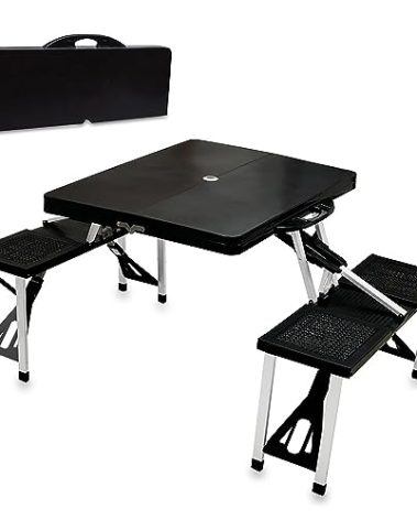 PICNIC TIME Picnic Table Portable Folding Table with Umbrella Hole and Bench Seats for Four for Tailgating, Picnics, and Beach, Collapsible to Suit-Case Style for Easy Transport, Lightweight, (Black)