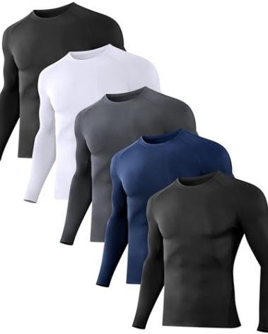 Dalavch 5 Pack Men's Compression Shirts Long Sleeve Athletic Workout Sports Undershirt Base Layer Top for Winter 2 Black 1 White 1 Gray 1 Blue Medium