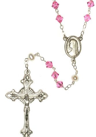 Austrian Crystal OR Glass Catholic Prayer Rosary/Rosario - Includes Pouch, "How to Pray the Rosary" and birth month meaning where applicable (Rose - SILVER)