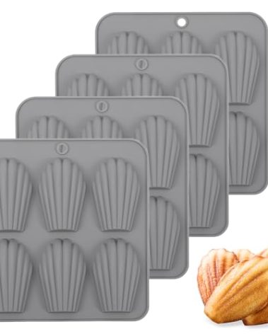 BIGOWL 4 Pack Madeleine Pans for Baking, 6 Cavity Shell Shape Baking Mold Nonstick Cookie Cake Pan for Oven (Grey)