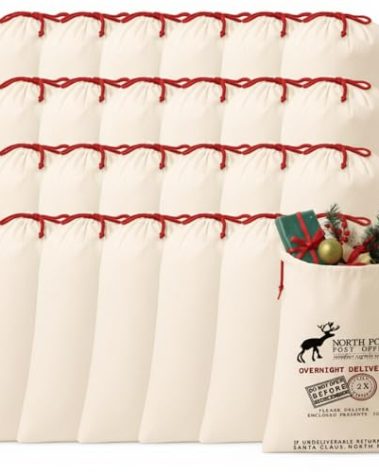 Clysee 24 Pack Sublimation Santa Blank Christmas Sacks, Large Reusable Cotton Canvas Drawstring Bags 26.8 x 18.9 in, Blank Xmas Gift Bags for Holiday DIY, Christmas Parties, Presents