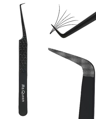 Ms.Queen Fiber Tip Tweezers for Lash Extensions, Precision 90 Degree Eyelash Tweezers for Volume & Classic Lashes,Black