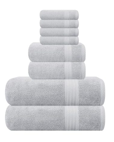 GLAMBURG Ultra Soft 8 Piece Towel Set - 100% Pure Ring Spun Cotton, Contains 2 Oversized Bath Towels 27x54, 2 Hand Towels 16x28, 4 Wash Cloths 13x13 - Ideal for Everyday use, Hotel & Spa - Light Grey