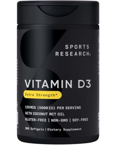 Sports Research® Vitamin D3 w/Coconut MCT Oil - High Potency Vitamin D3 5000iu (125mcg) Supplement for Immune & Bone Support - Seed Oil Free - Non-GMO - Gluten Free (360 Liquid Softgels)