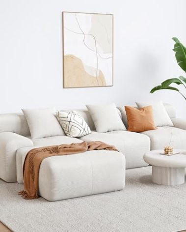 LIKIMIO 118" Modern L-Shaped Modular Sectional Sofa for Living Room, Oversized 3-Seater Cloud Boneless Couch with Deep Seat and Movable Ottoman, Corduroy Upholstery, No Assembly