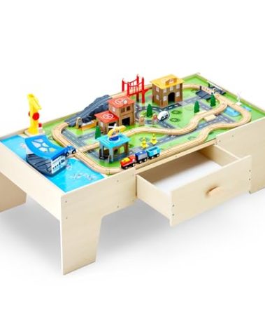 VEVOR Train Table, 62 Multicolor Pieces Wooden Kids Activity Table with Large Storage Drawer, 3-in-1 Wooden Train Set for Playing, Drawing, Reading, Eating, Creative Toy Set for Kids Ages 3+