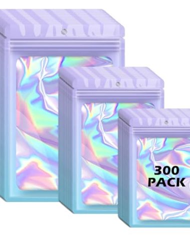 300 Pcs Holographic Mylar Bags, 3 Size Smell Proof Bags with Clear Window Foil Pouch Bags Resealable Bags for Small Business and Food Storage, Purple Blue