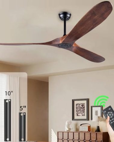60" Ceiling Fan, No Light & Remote Control - Quiet 3 Blade Wood Walnut, Suitable for Patios & Farmhouse