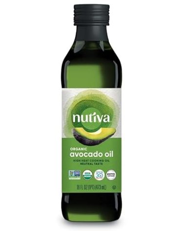 Nutiva Organic Steam-Refined Avocado Oil, 100% Pure, 16 Fl Oz, USDA Organic, Non GMO, Whole 30 Approved, Keto, Paleo, High-Heat Oil with Neutral Flavor and Aroma for Cooking & Frying