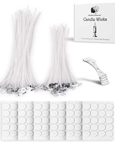 Mindful Memories Candle Wicks 60 Pcs (4 inch, 6 inch) with 1 Candle Wick Holders & 60 Wick Tab Stickers, Long Lasting Pre-Waxed & Tabbed Cotton Threads with No Black Smoke for DIY Crafts