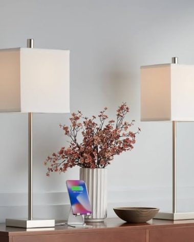 360 Lighting Franco Modern Minimalist Table Lamps 26.5" High Set of 2 with USB Charging Ports Brushed Nickel White Square Shade for Living Room Bedroom House Bedside Nightstand Home Office