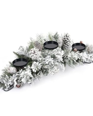 TOWPONICS Christmas Centerpiece with 3 Candle Holders, 30 Inch Artificial Xmas Table Decor with Flocked Pine Needles, Frosted Pine Cones and Steel Base, Christmas Centerpieces for Dining Tables