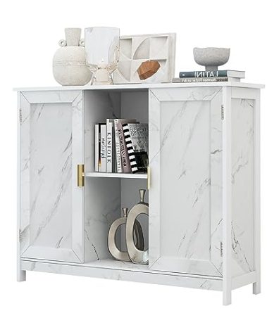 TaoHFE Marble Top Narrow Sideboard Cabinet,Modern White Marble Side Buffet Cabinet with Storage,Kitchen Island Narrow Sideboard for Kitchen for Living Room