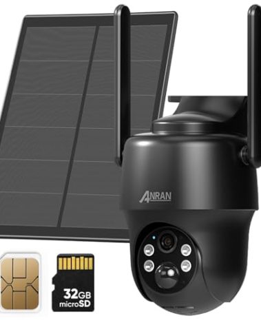 ANRAN 4G LTE Cellular Solar Security Camera Wireless Outdoor,No WiFi 2K Solar Powered Camera,Color Night Vision,360° Live View, PIR Motion Sensor,2 Way Talk,Black (SIM Card & 32GB SD Card Included)