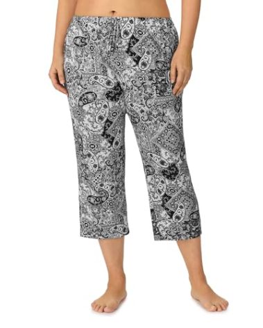 ELLEN TRACY Womens Pajama Pants - Soft Stretch Jersey Cropped Lounge Pants - Black White Paisley, 3X