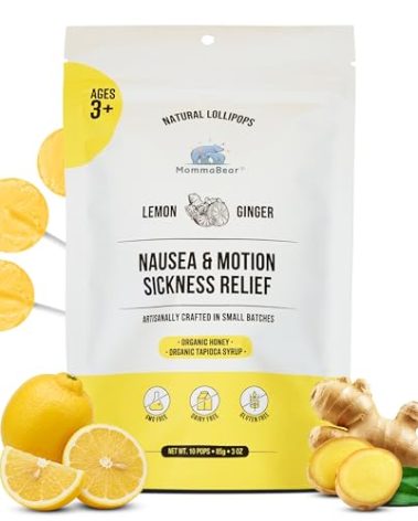 MommaBear Nausea & Motion Sickness Lollipops – Non-GMO Lemon & Ginger Candy for Nausea – Organic Lollipops for Kids 3+ & Pregnant Women to Alleviate Queasiness – Tightly Sealed for Freshness (10 Pack)