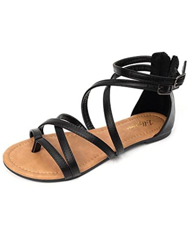 Luffymomo Women's Gladiator Strap Sandals Flat Fisherman Thong Cross Strappy Sandals（8 M US BLACK）