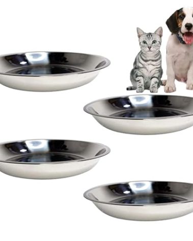 kathson Stainless Steel Whisker Relief Cat Bowl, 4 pcs Shallow and Wide Bowls, Pet Cat & Dog Feeding Large Dishes Fits with Elevated Stands Pet Bowl Stand (8.66 Inch Dia.)