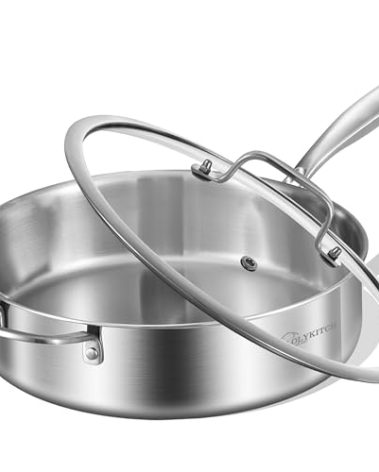 LOLYKITCH Whole Body Tri-Ply Stainless Steel 5.5 QT Sauté Pan with Lid,12 Inch Deep Frying Pan,Jumbo Cooker,Dishwasher and Oven Safe,Detachable Handle.