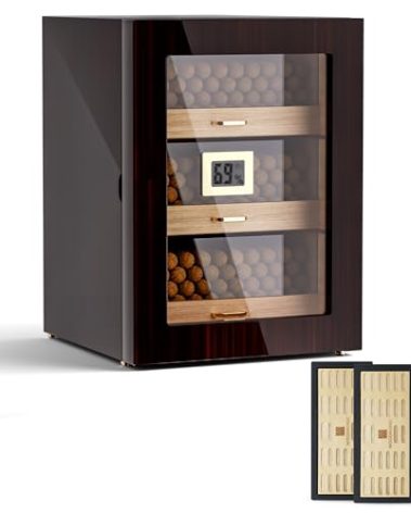 Woodronic Cigar Humidor Cabinet for 150 Counts with Spanish Cedar Lining, Crystal Gel Humidifiers, Digital Hygrometer & Larger Drawers, Glossy Ebony Finish, Desktop Cigar Gift for Men