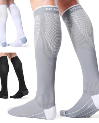 CelerSport 3 Pairs Compression Socks for Men and Women 20-30 mmHg Running Support Socks Gifts for Men, Black + White + Grey, Large/X-Large