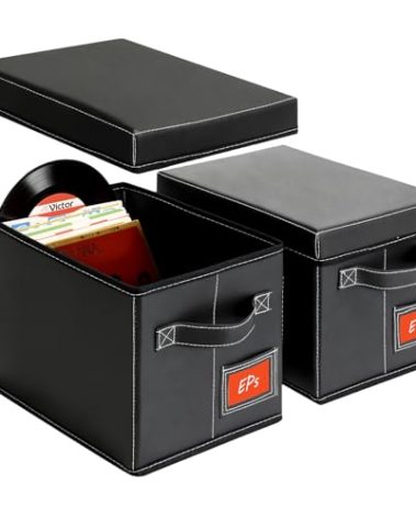 yoyobubu 2-Pack 7-Inch Vinyl Record Storage Boxes – Black Faux Leather Record Holder & Case with Lid – Compact Storage Crate for Singles, EPs, Vinyl Rolls, and Accessories