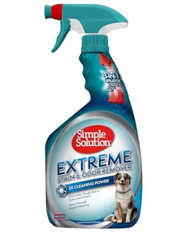 Simple Solution Extreme Pet Stain and Odor Eliminator Spray, Enzymatic Cleaner With 3X Pro-Bacteria Cleaning Power for Dogs & Cats, Strong Urine, Pee and Poop Smell Remover for Carpets & Floors, 32 oz