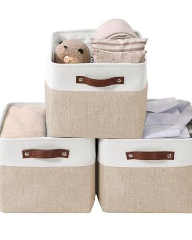 DECOMOMO Storage Baskets for Shelves - Fabric Storage Bins, Linen Closet Organizers and Storage (Beige & White, XL - 3 Pack)