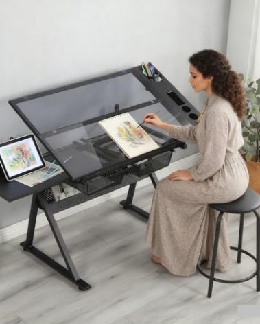 Roockky Drafting Table, 0-75° Tilting Glass Tabletop Drawing Table with Stool - Adjustable Height Art Desk with Multi-Storage for Sketching and Painting - Perfect for Artists and Hobbyists, Black