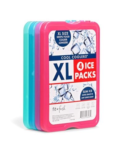 Cool Coolers by Fit & Fresh 4 Pack XL Slim Ice Packs, Quick Freeze Space Saving Reusable Ice Packs for Lunch Boxes or Coolers, Multi