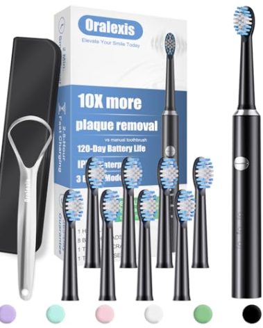 ORALEXIS Electric Toothbrush for Adults and Kids, with Tongue Scraper and 8 Brush Heads, One Fast Charge Last 120 Days, 40000 VPM Deep Clean, Sonic Travel Toothbrush