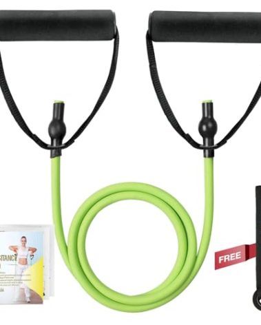RitFit Single Resistance Exercise Band with Comfortable Handles - Ideal for Physical Therapy, Strength Training, Muscle Toning - Door Anchor and Starter Guide Included (Grass Green New(8-12lbs))