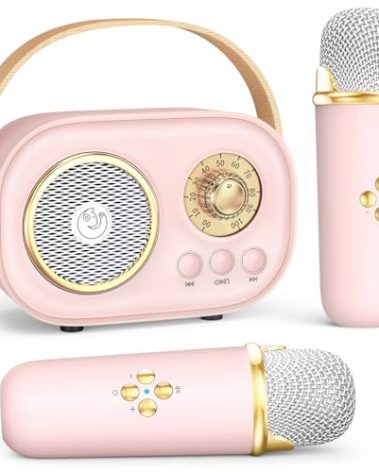 Mini Karaoke Machine with 2 Wireless Microphones,Portable Bluetooth Karaoke Machine for Kids Toys Gifts Boys Girls 3 4 5 6 7 8 9 10 11 12+ Years Old Home Party Birthday Karaoke Fun Set (Pink)