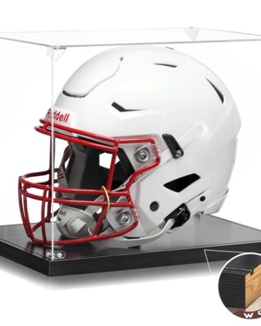 JupDec Football Helmet Display Case, Full Size Acrylic Baseball Motorcycle Helmet Showcase, UV Protection Souvenirs and Collectibles Box with Solid Wood Base & Riser, Ideal Gift for Sports Fans, Black