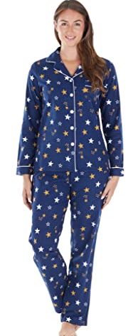 PajamaMania Women's Cotton Flannel Long Sleeve Button-Down Pajamas PJ Set, Navy Shooting star, X-Large