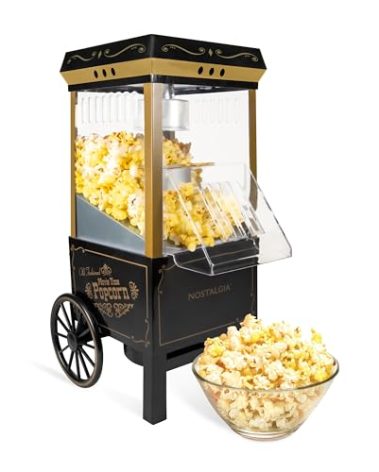Nostalgia Vintage Hot-Air Popcorn Maker Machine - Makes Up to 12 Cups - Oil-Free - Healthier Popcorn - Classic Stand-Up Cart With Wheels - Includes Kernel Measuring Cup - Black