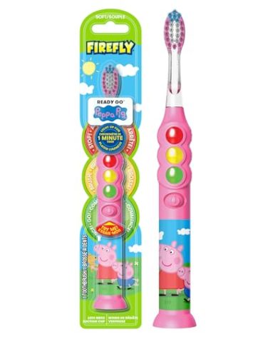 Firefly Ready Go Brush, Peppa Pig, Light Up Timer Toothbrush, Premium Soft Bristles, 1 Minute Timer, Less Mess Suction Cup, Battery Included, Easy Storage, for Ages 3+, 1 Count