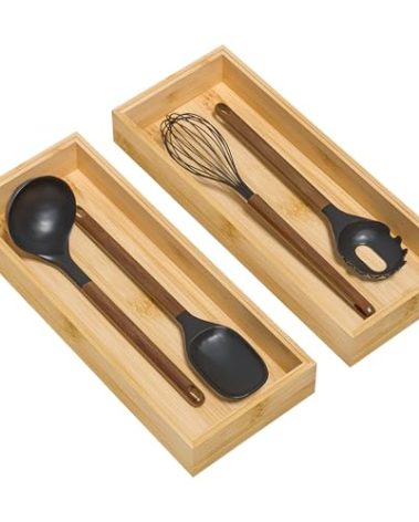 Lixple Bamboo Kitchen Drawer Organizer, Stackable Utensil Holder Silverware Organizer Cutlery Tray - 2PCS Organizer Bins for Makeup Jewelries Flatware in Bathroom, Office Desk, Cabinets, 15x6x2 inch