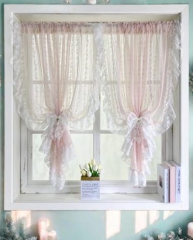 NewWPKIRA Princess Style Pink Floral Embroidery Sheer Lace Curtain with Ruffle Trim Coquette Gauze Voile Curtains for Girl's Bedroom Living Room Rod Pocket Top 2 Panels (Pink,W39 x L47 inches)
