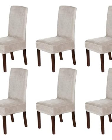 H.VERSAILTEX Velvet Dining Chair Covers Stretch Chair Covers for Dining Room Set of 6 Parson Chair Slipcovers Chair Protectors Covers Dining, Soft Thick Solid Velvet Fabric Washable, Oatmeal