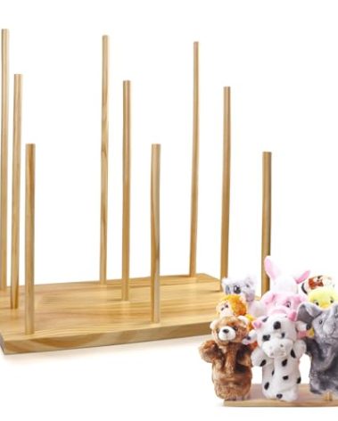 Ouvibor Wooden Puppet Stand, Education Wooden Puppet Tree Store and Display Doll Holder Anti Crush Storage, Holds 9 Hand Puppets