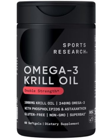 Sports Research® Omega-3 Krill Oil 1000mg - Pure Antarctic Superba Krill with Phospholipids, Choline & Astaxanthin - MSC Certified Sustainable · Non-GMO · Gluten Free - 60 Softgels