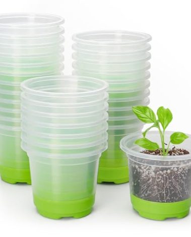 MIXC 30 Packs 4" Reinforced Clear Nursery Pots with Silicone Base for Easy Transplant, Transparent Plastic Plant Pot Reusable Seedling Pots Seed Starter Pots Flower Pot, Green
