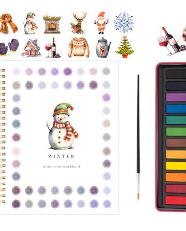 Kivzex Christmas Watercolor Workbook for Adults, Beginner Friendly Watercolor Painting Kit Winter Water Coloring Book, Nature-Themed Practice Art Gift Water Color Paint Book with Palette and Brush